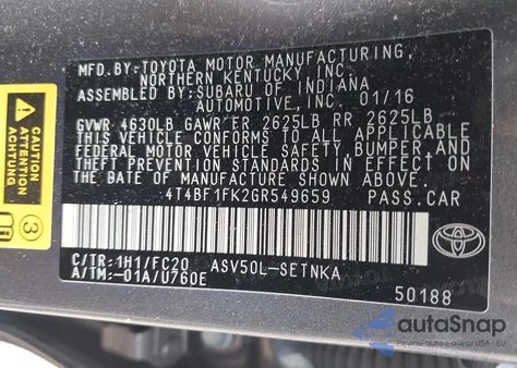 2016 Toyota Camry Le from USA, damaged, VIN 4T4BF1FK2GR549659